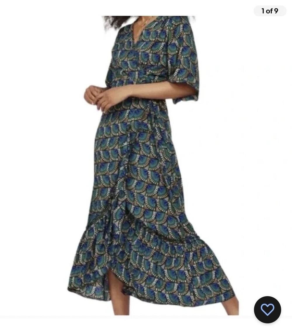 Silk & Salt Wrap Maxi Dress in Green & Blue African Peacock Print XS NWOT
